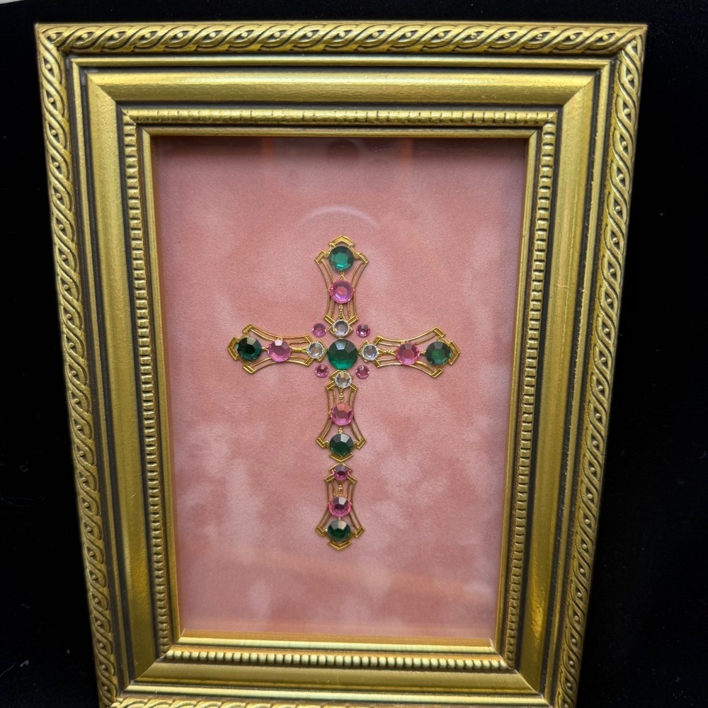 Vintage Jeweled Cross Framed Wall Art Rhinestone Pink Velvet Gold Ornate Signed